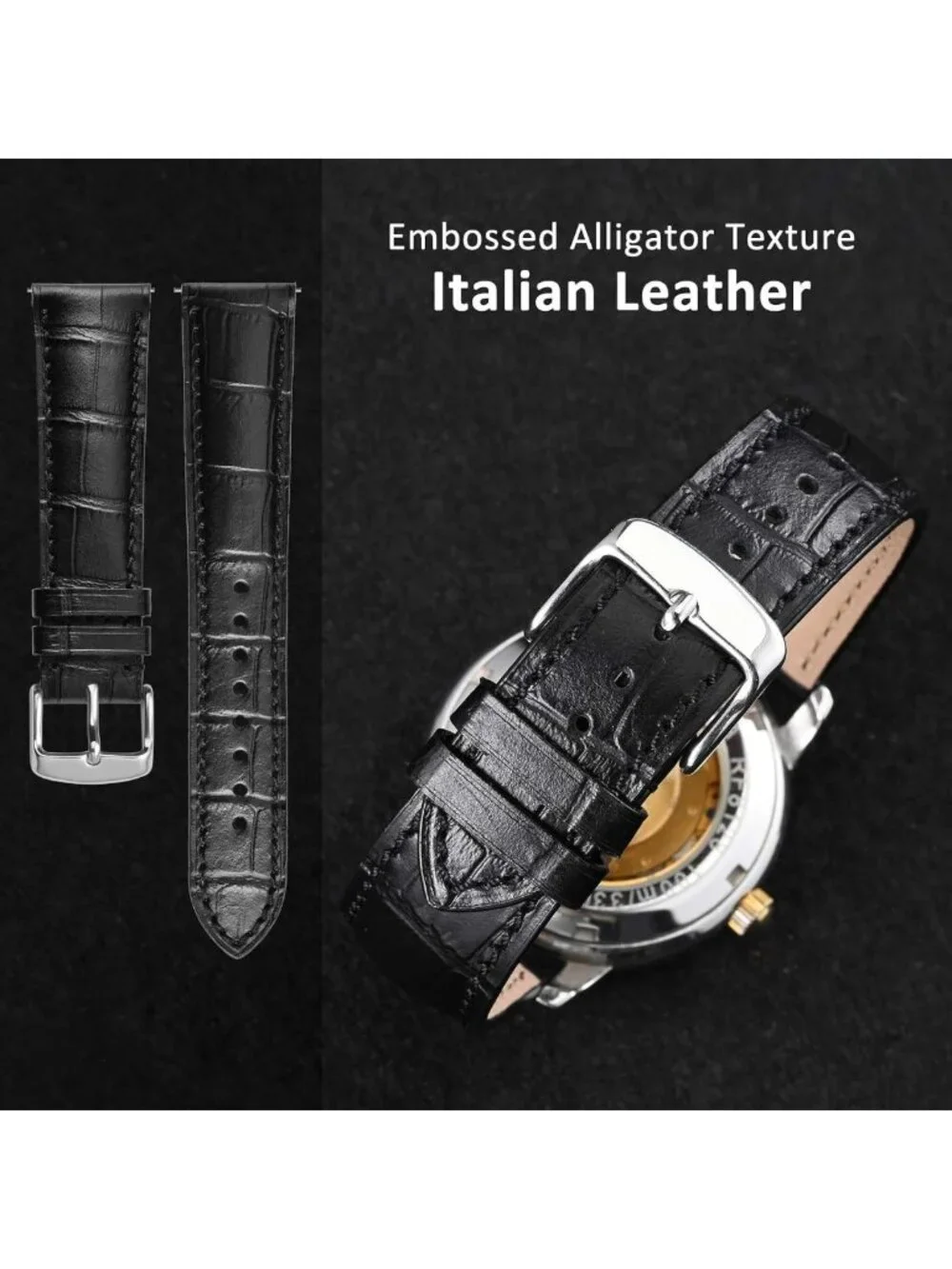 Italian Leather 20mm Watch Band, Embossed Alligator Grain, Silver Buckle, Black